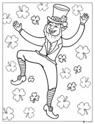 Dancing Leprechaun Coloring Page with Scattered Shamrocks