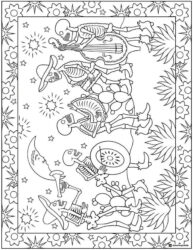 Dancing Skeleton Band Coloring Page with Moon and Fireworks