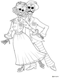 Dancing Skeleton Couple Coloring Page with Floral Outfits