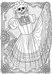 Dancing Skeleton Lady Coloring Page in Traditional Dress