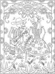 Dancing Skeletons Coloring Page with Guitar and Floral Frame