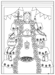 Day of the Dead Altar Coloring Page with Candles and Flowers