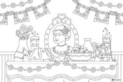 Day of the Dead Altar Coloring Page with Candles and Portrait