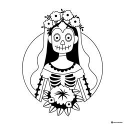 Day of the Dead Bride Coloring Page Holding a Flower Bouquet
