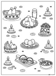 Day of the Dead Food Coloring Page with Skulls and Candles