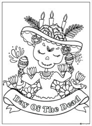 Day of the Dead Skeleton Coloring Page with Maracas and Banner