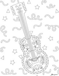 Decorated Guitar Coloring Page with Confetti Background