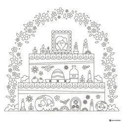 Decorated Ofrenda Coloring Page with Skulls and Candles