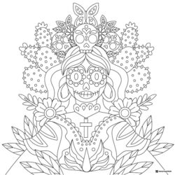 Decorated Skeleton Lady Coloring Page with Cactus and Cross