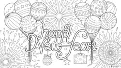 Decorative Happy New Year Coloring Page with Balloons and Ornaments