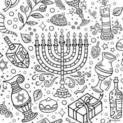 Detailed Hanukkah Pattern Coloring Sheet with Menorah and Gifts