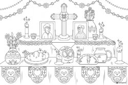 Detailed Ofrenda Coloring Page with Candles and Portraits