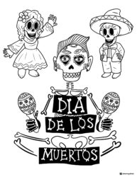 Dia de los Muertos Coloring Page with Maracas and Characters