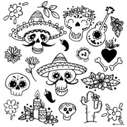 Dia de los Muertos Coloring Sheet with Skulls and Festive Icons