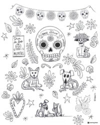 Dia de los Muertos Doodle Coloring Page with Dogs and Skulls