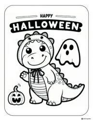 Dino Costume Coloring Page with Ghost and Pumpkin Accents