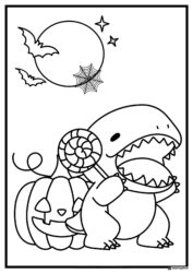 Dino Halloween Coloring Page with Lollipop and Pumpkin
