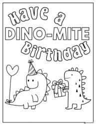 Dinosaur Birthday Coloring Page with Party Hats and Gift
