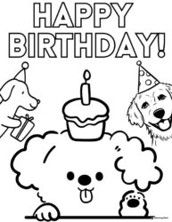 Dog Birthday Coloring Page with Cake Hat and Party Friends