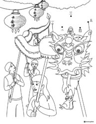 Dragon Dance Coloring Page with Lanterns and Performers