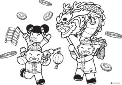 Dragon Dance Coloring Page with Two Kids and Falling Coins
