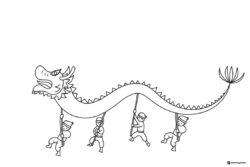 Dragon Dance Coloring Sheet with Four Performers Holding Poles