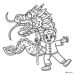 Dragon Parade Coloring Page with Smiling Boy in Traditional Outfit
