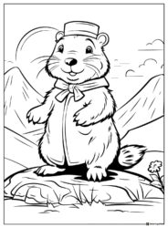 Dressed Up Groundhog Coloring Page with Mountains Behind