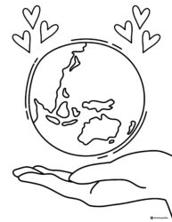 Earth Coloring Page with Hearts Floating Above a Hand