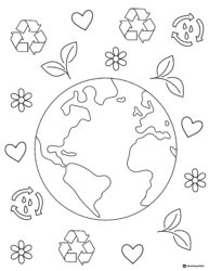 Earth Coloring Page with Recycling and Nature Symbols