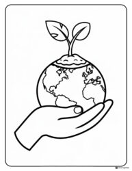 Earth Day Coloring Page with Plant Growing on Globe in Hand