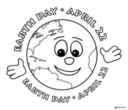 Earth Day Coloring Page with Smiling Globe and April 22 Text