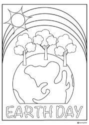 Earth Day Coloring Page with Trees Sun and Rainbow Design