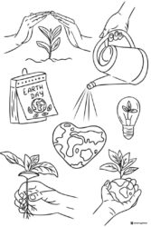 Earth Day Elements Coloring Page with Plants and Heart Earth