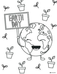Earth Day Globe Character Holding Sign with Sprouting Plants