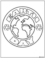 Earth Day Globe Coloring Page with Bold Text and Recycle Symbols