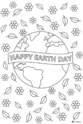 Earth Day Globe Coloring Page with Flowers and Falling Leaves