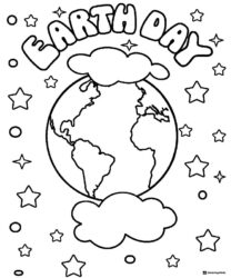Earth Day Globe Coloring Page with Stars and Puffy Clouds