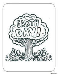 Earth Day Tree Coloring Page with Lettering in Leafy Canopy