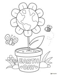 Earth Flower Pot Coloring Page with Butterfly and Bee Details