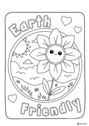 Earth Friendly Coloring Page with Smiling Flower and Hearts