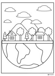 Earth Village Coloring Page with Houses Trees and Mountains