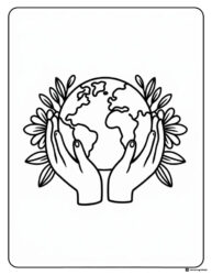 Earth in Hands Coloring Page with Leaves and Floral Details