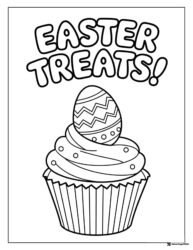 Easter Treats Coloring Page with Cupcake and Decorated Egg