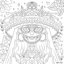 Elegant Catrina Coloring Page with Floral Headpiece Design