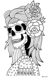 Elegant Female Skeleton Coloring Page with Roses in Hair