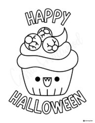 Eyeball Cupcake Coloring Page with Happy Halloween Text