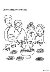 Family Feast Coloring Page with Traditional Dishes and Smiles