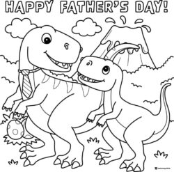 Fathers Day Coloring Page with Dinosaurs and Erupting Volcano
