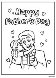 Fathers Day Coloring Page with Girl Hugging Dad and Gift